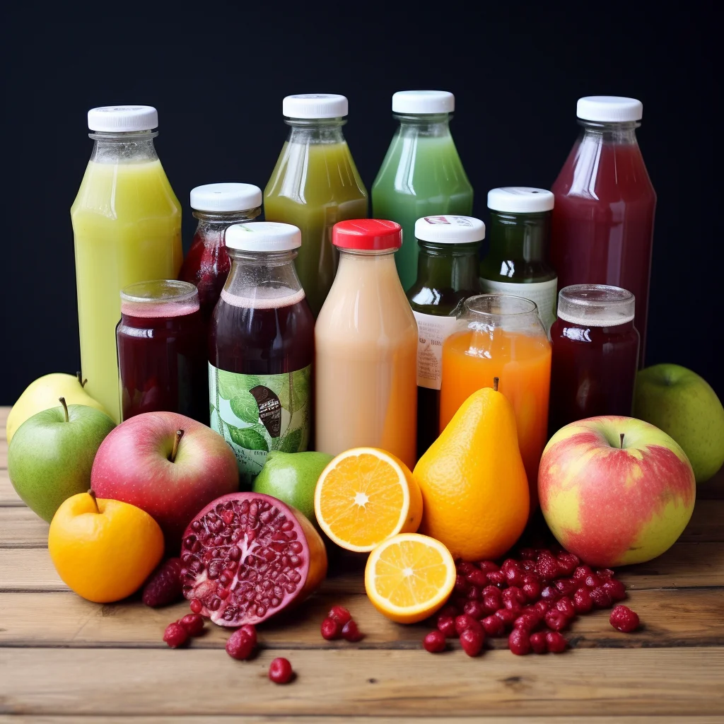 Create a picture of fresh and vibrant juices in different glasses, showcasing the variety of options available to customers when sourcing from Torg. Include some plant-based ingredients such as fruits, vegetables or herbs to give it an extra flavour. Make sure to include keywords related to juice, b2b supplier, sourcing, wholesale and private label. Use elements from Mediterranean countries such as Spain, Italy and Europe for additional flavor.